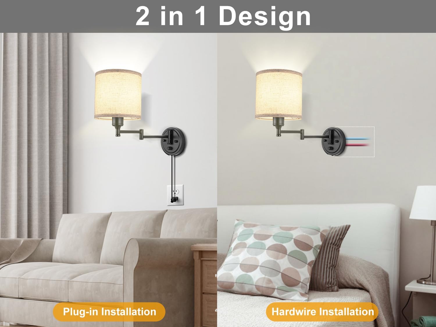 Plug in Wall Sconces with Remote Control, Dimming 10%-100% & Adjustable Colors 2700K-6500K, Hardwire or Plug-in, Swing Arm Wall Lamp with Linen Fabric Shade, Wall Sconces Set of Two, Black Finish - Grand Goldman