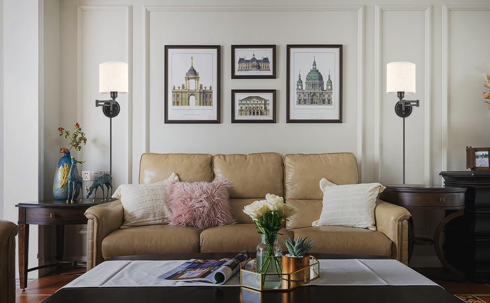 Plug in Wall Sconces with Remote Control, Dimming 10%-100% & Adjustable Colors 2700K-6500K, Hardwire or Plug-in, Swing Arm Wall Lamp with Linen Fabric Shade, Wall Sconces Set of Two, Black Finish - Grand Goldman