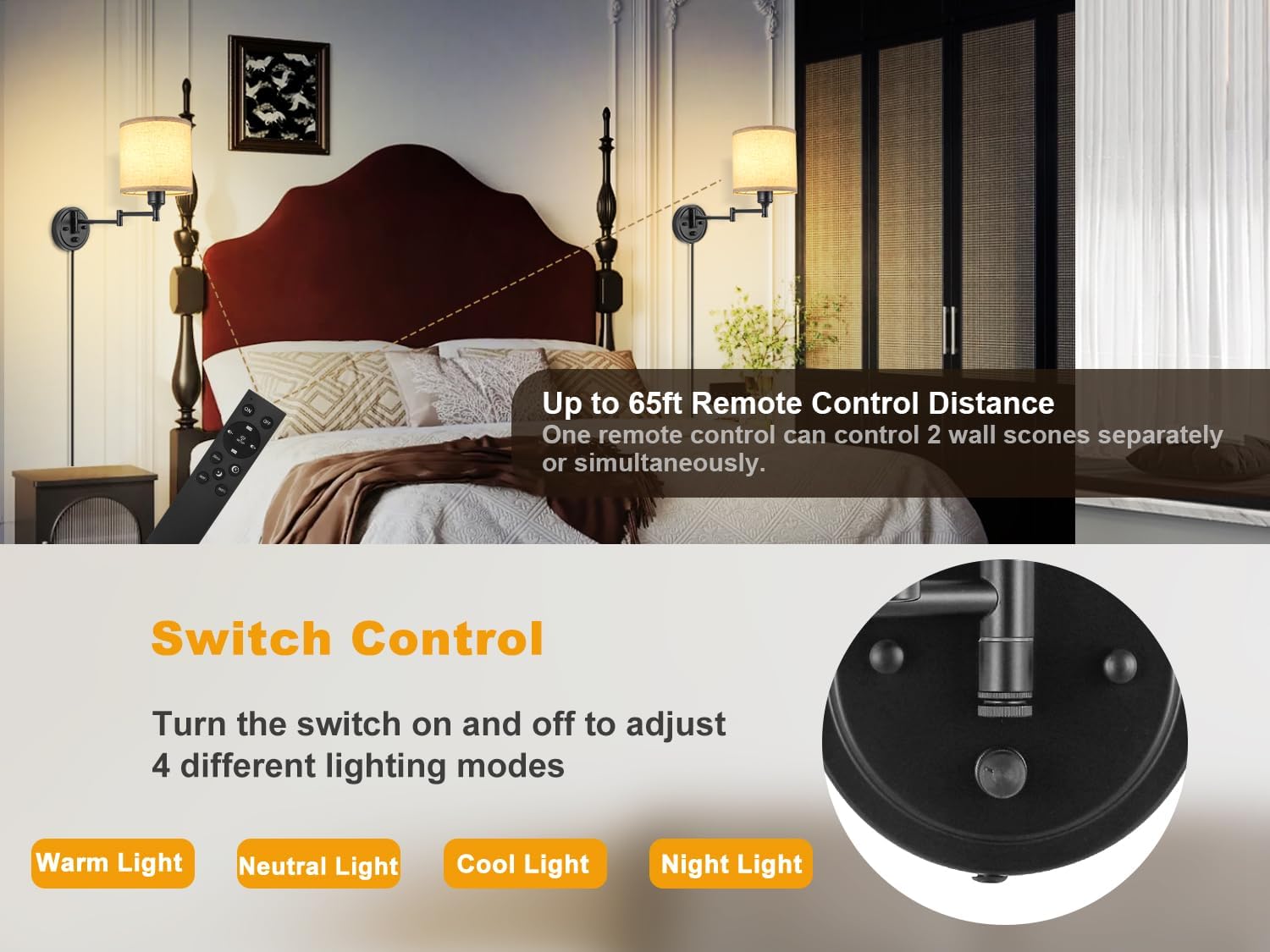 Plug in Wall Sconces with Remote Control, Dimming 10%-100% & Adjustable Colors 2700K-6500K, Hardwire or Plug-in, Swing Arm Wall Lamp with Linen Fabric Shade, Wall Sconces Set of Two, Black Finish - Grand Goldman