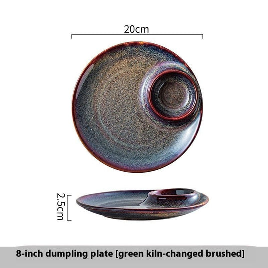 Porcelain Dumpling Plate With Vinegar Dish Creative Round Underglaze Color Divided Plate - Grand Goldman