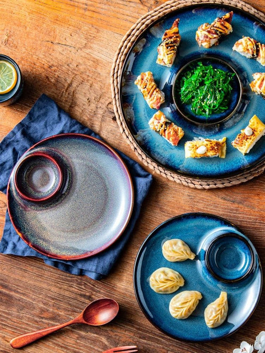 Porcelain Dumpling Plate With Vinegar Dish Creative Round Underglaze Color Divided Plate - Grand Goldman