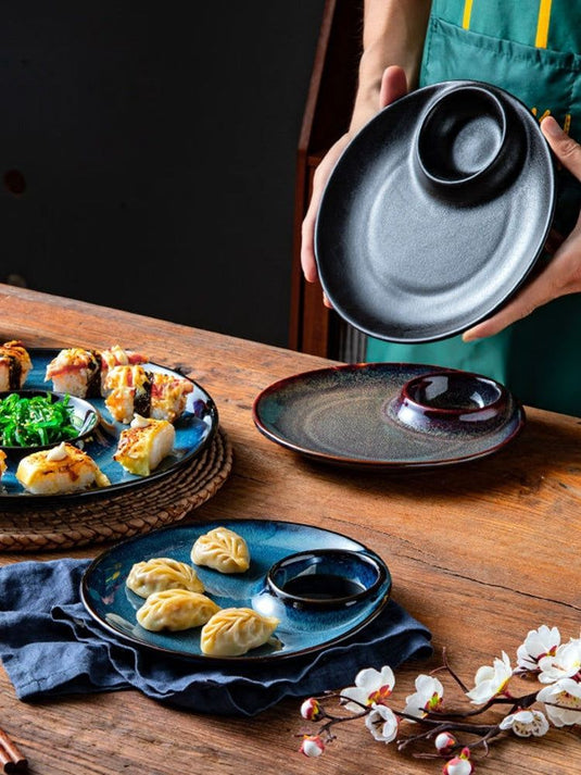 Porcelain Dumpling Plate With Vinegar Dish Creative Round Underglaze Color Divided Plate - Grand Goldman