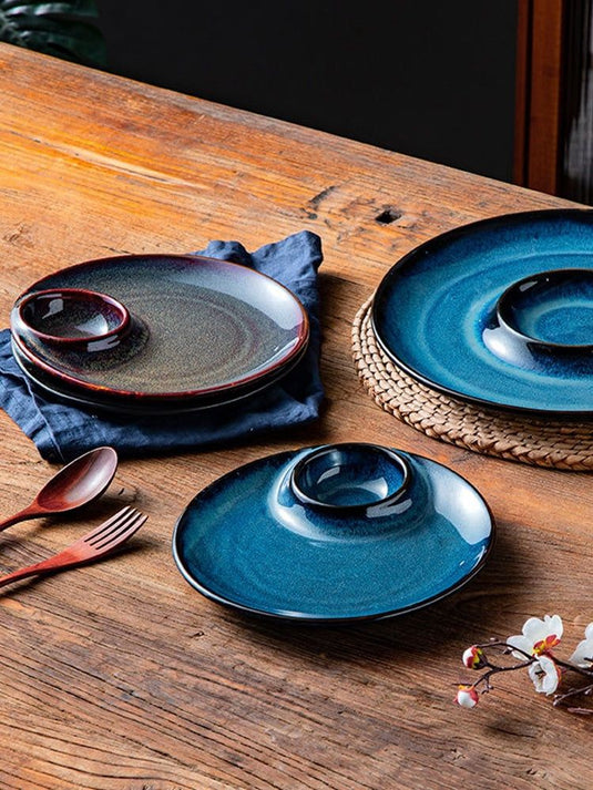 Porcelain Dumpling Plate With Vinegar Dish Creative Round Underglaze Color Divided Plate - Grand Goldman