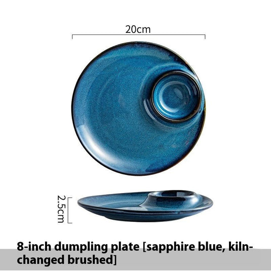 Porcelain Dumpling Plate With Vinegar Dish Creative Round Underglaze Color Divided Plate - Grand Goldman