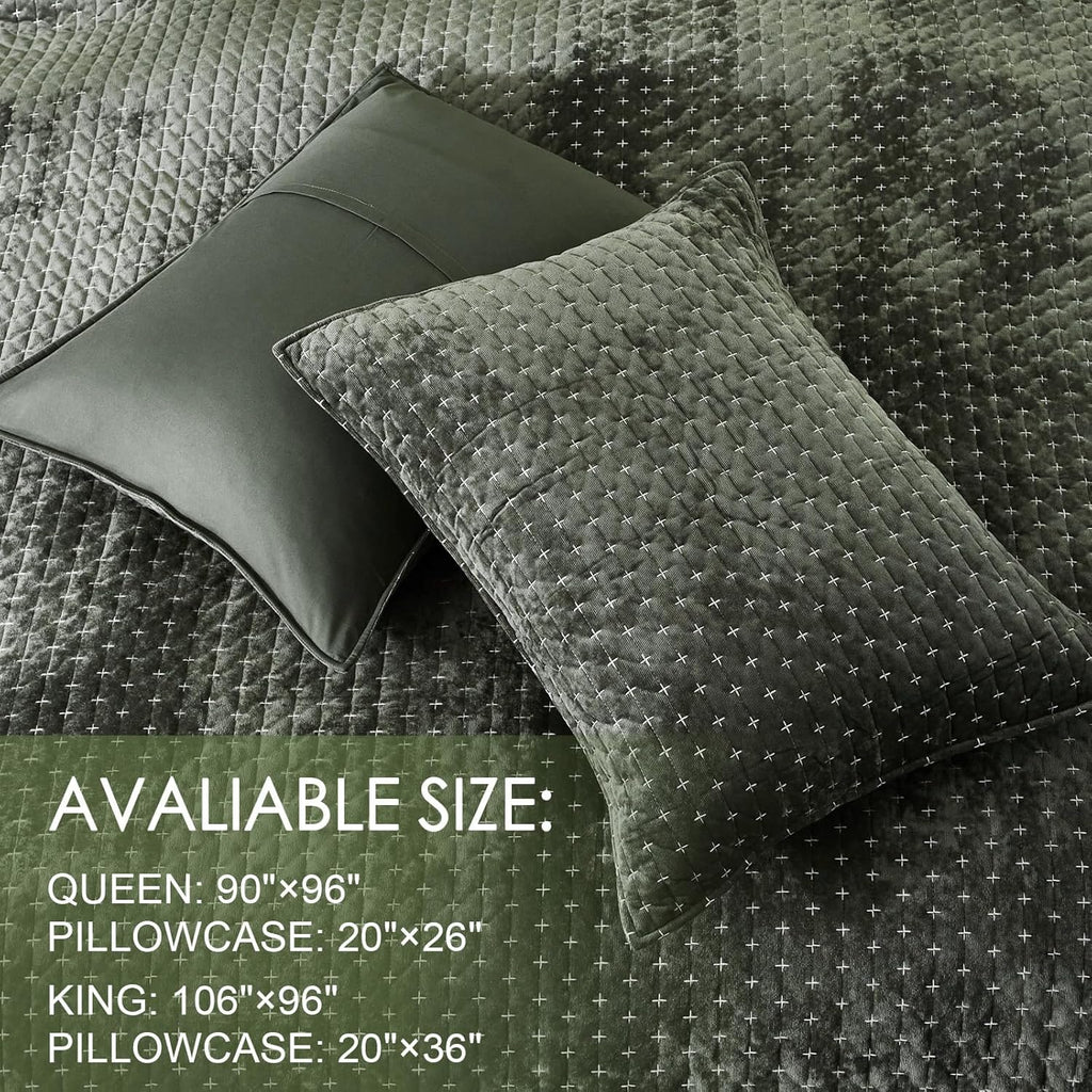Powdion Velvet Quilt King Size, Oversized Bedspread Quilted Bedding Set, Luxurious Soft Coverlet Set Lightweight Velvet Comforter for All Season with 2 Pillow Shams, Army Green Striped Quilt Set - Grand Goldman