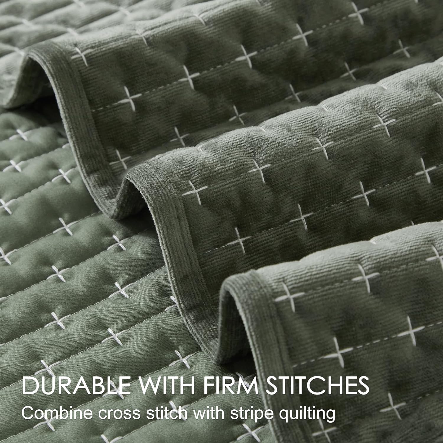 Powdion Velvet Quilt King Size, Oversized Bedspread Quilted Bedding Set, Luxurious Soft Coverlet Set Lightweight Velvet Comforter for All Season with 2 Pillow Shams, Army Green Striped Quilt Set - Grand Goldman