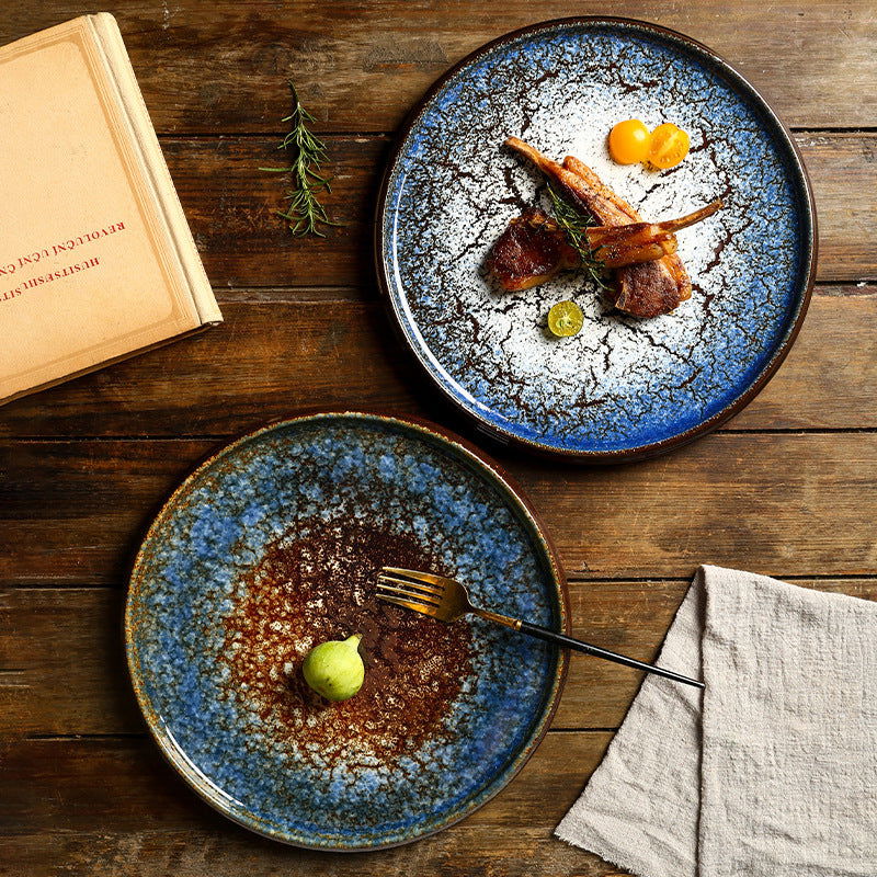 Premium Grunge Ceramic Kiln Plates for Steak Baked Pizza Pan Barbecue and Desserts - Grand Goldman