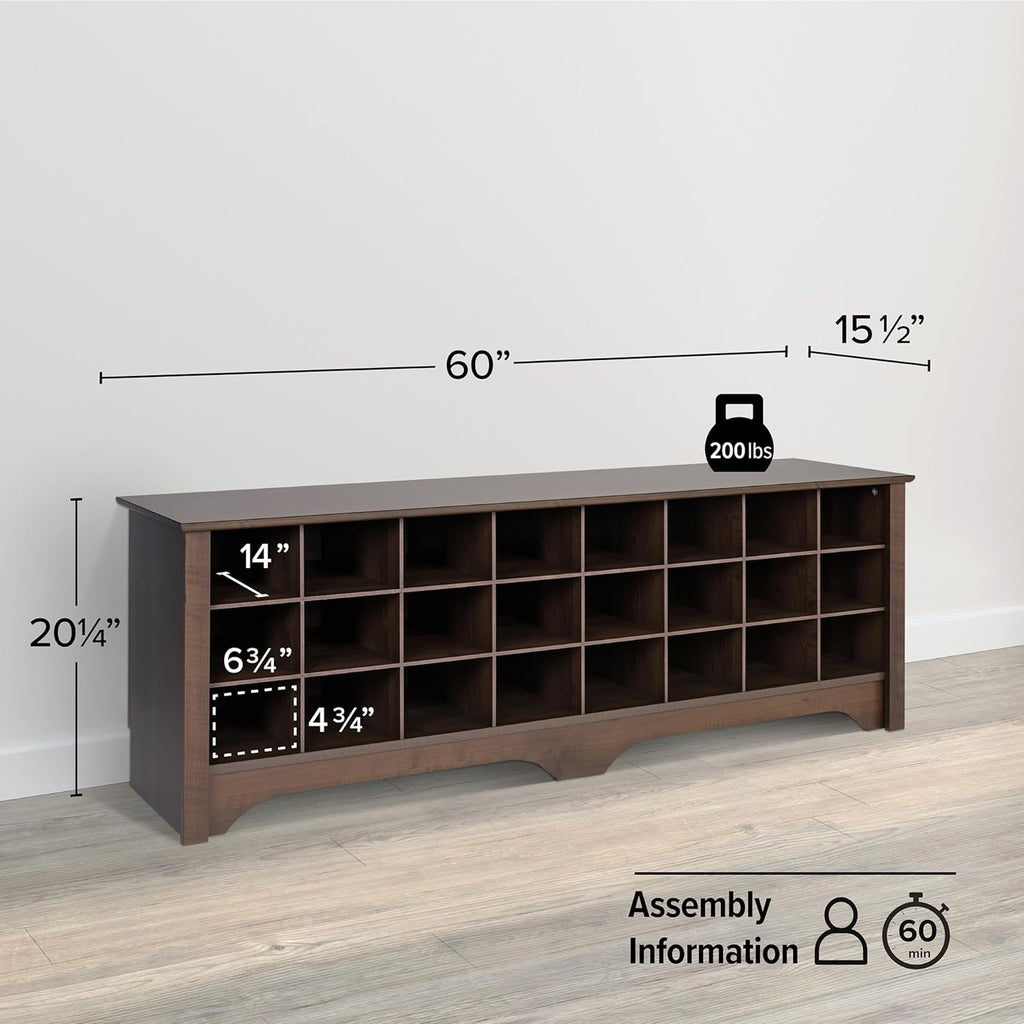 Prepac Cabinet Shoe Cubby Bench, 15.5"D x 60"W x 20.25"H, Brown - Grand Goldman