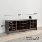 Prepac Cabinet Shoe Cubby Bench, 15.5"D x 60"W x 20.25"H, Brown - Grand Goldman