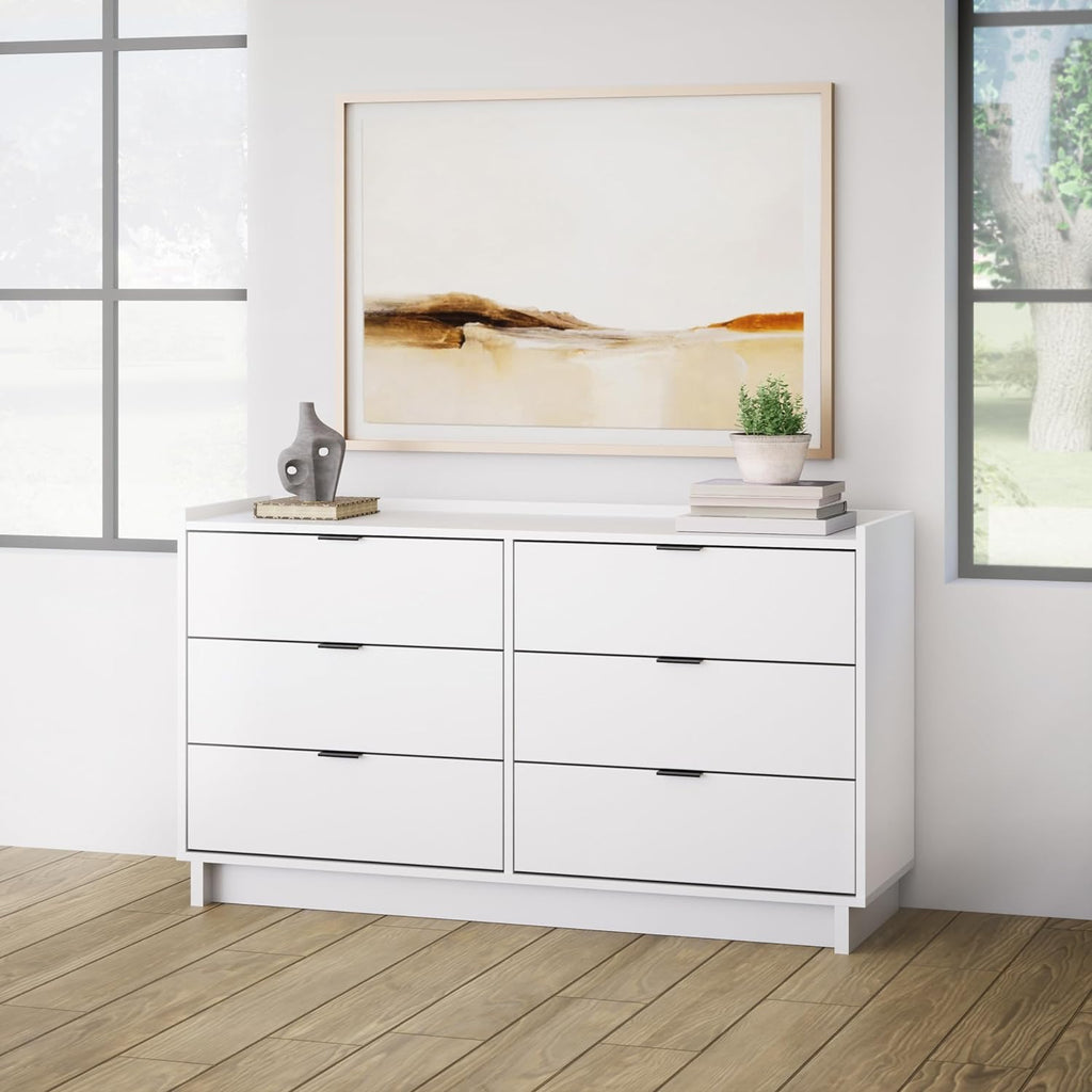 Prepac Simply Modern 6-Drawer Double Dresser for Bedroom, Chest of Drawers, Modern Bedroom Furniture, 52.5” wide x 16” deep x 29.5” tall, White - Grand Goldman