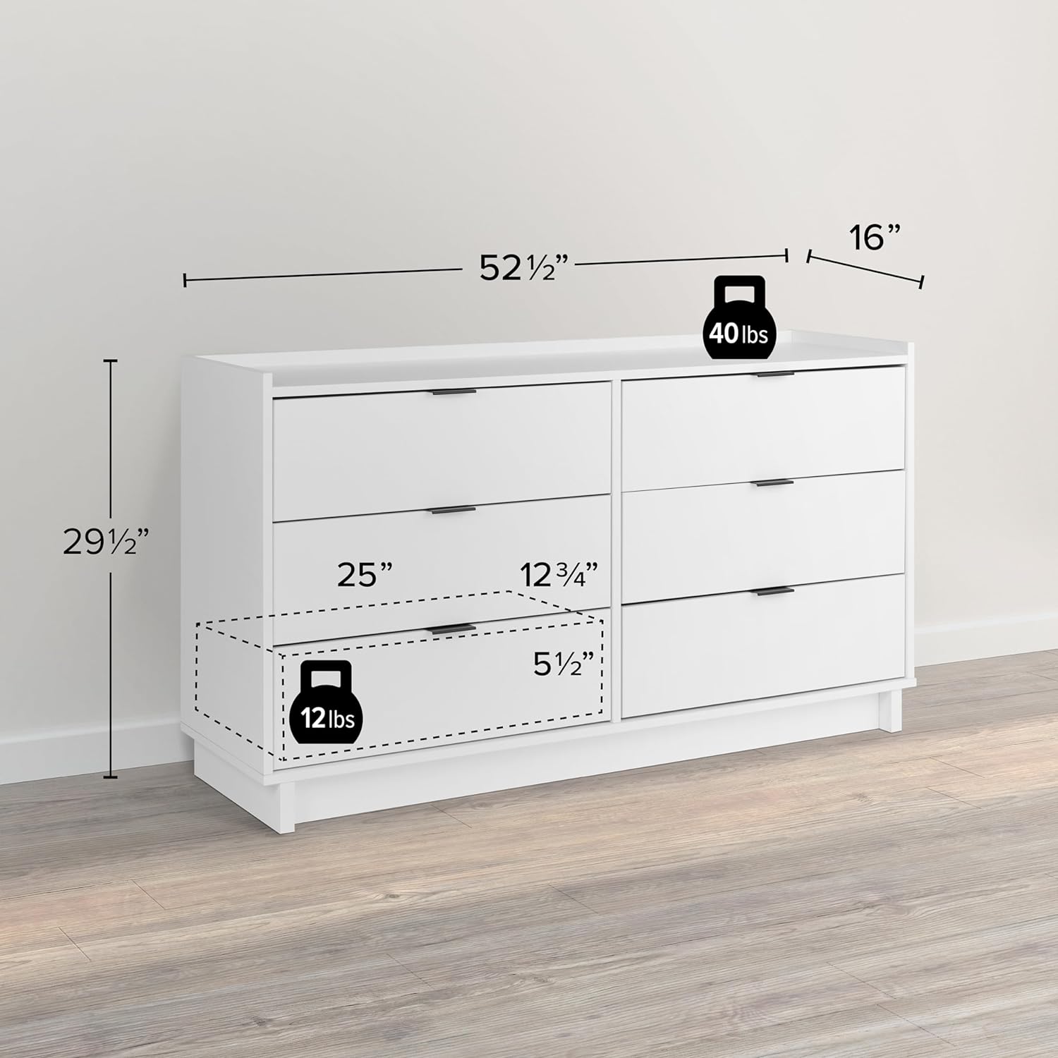 Prepac Simply Modern 6-Drawer Double Dresser for Bedroom, Chest of Drawers, Modern Bedroom Furniture, 52.5” wide x 16” deep x 29.5” tall, White - Grand Goldman