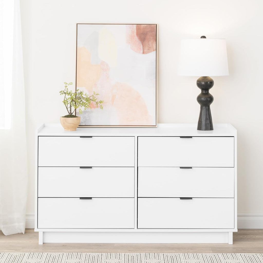 Prepac Simply Modern 6-Drawer Double Dresser for Bedroom, Chest of Drawers, Modern Bedroom Furniture, 52.5” wide x 16” deep x 29.5” tall, White - Grand Goldman