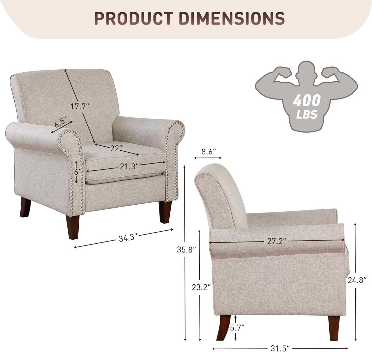 Prilinex Upholstered Living Room Chair - Large Comfy Fabric Accent Chair Single Sofa with Cushion, Rolled Armrest & Nailhead Trim, Mid Century Farmhouse Armchair for Bedroom, Office, Beige - Grand Goldman