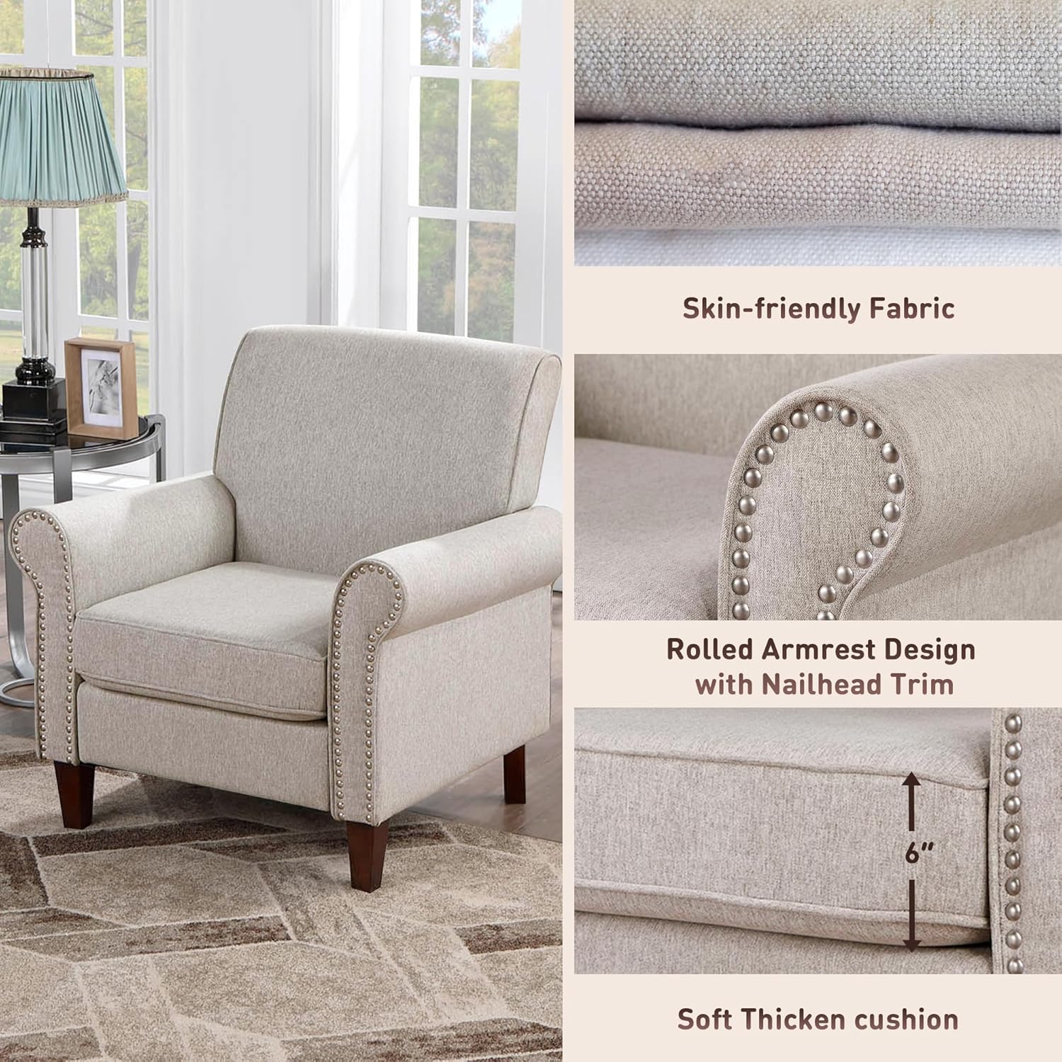 Prilinex Upholstered Living Room Chair - Large Comfy Fabric Accent Chair Single Sofa with Cushion, Rolled Armrest & Nailhead Trim, Mid Century Farmhouse Armchair for Bedroom, Office, Beige - Grand Goldman