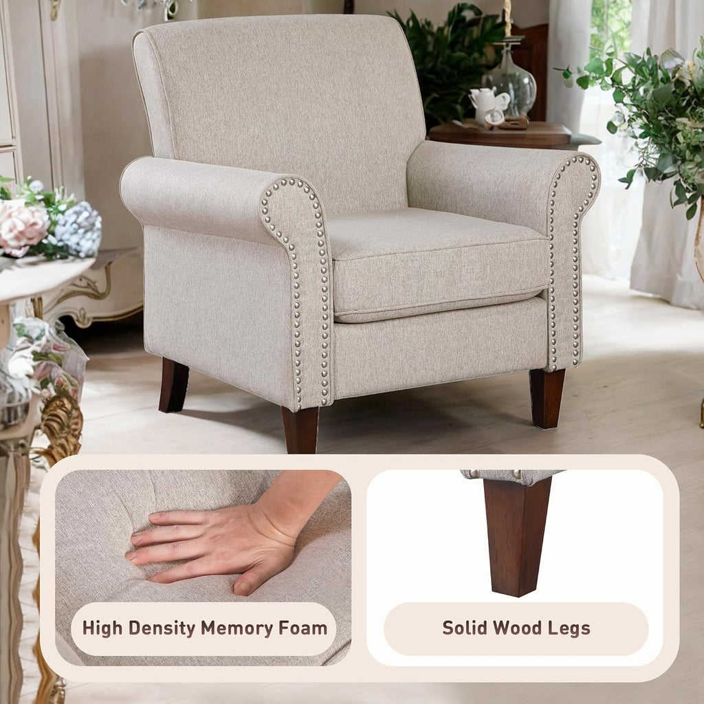 Prilinex Upholstered Living Room Chair - Large Comfy Fabric Accent Chair Single Sofa with Cushion, Rolled Armrest & Nailhead Trim, Mid Century Farmhouse Armchair for Bedroom, Office, Beige - Grand Goldman