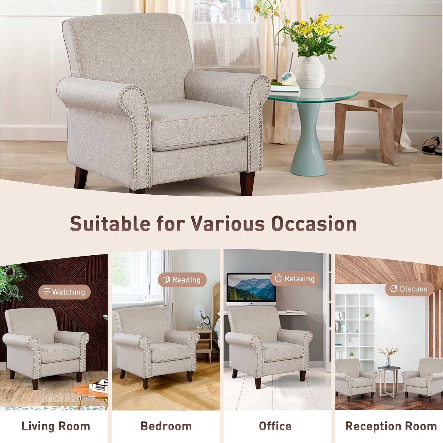 Prilinex Upholstered Living Room Chair - Large Comfy Fabric Accent Chair Single Sofa with Cushion, Rolled Armrest & Nailhead Trim, Mid Century Farmhouse Armchair for Bedroom, Office, Beige - Grand Goldman