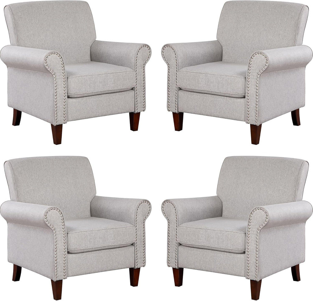 Prilinex Upholstered Living Room Chair - Large Comfy Fabric Accent Chair Single Sofa with Cushion, Rolled Armrest & Nailhead Trim, Mid Century Farmhouse Armchair for Bedroom, Office, Beige - Grand Goldman