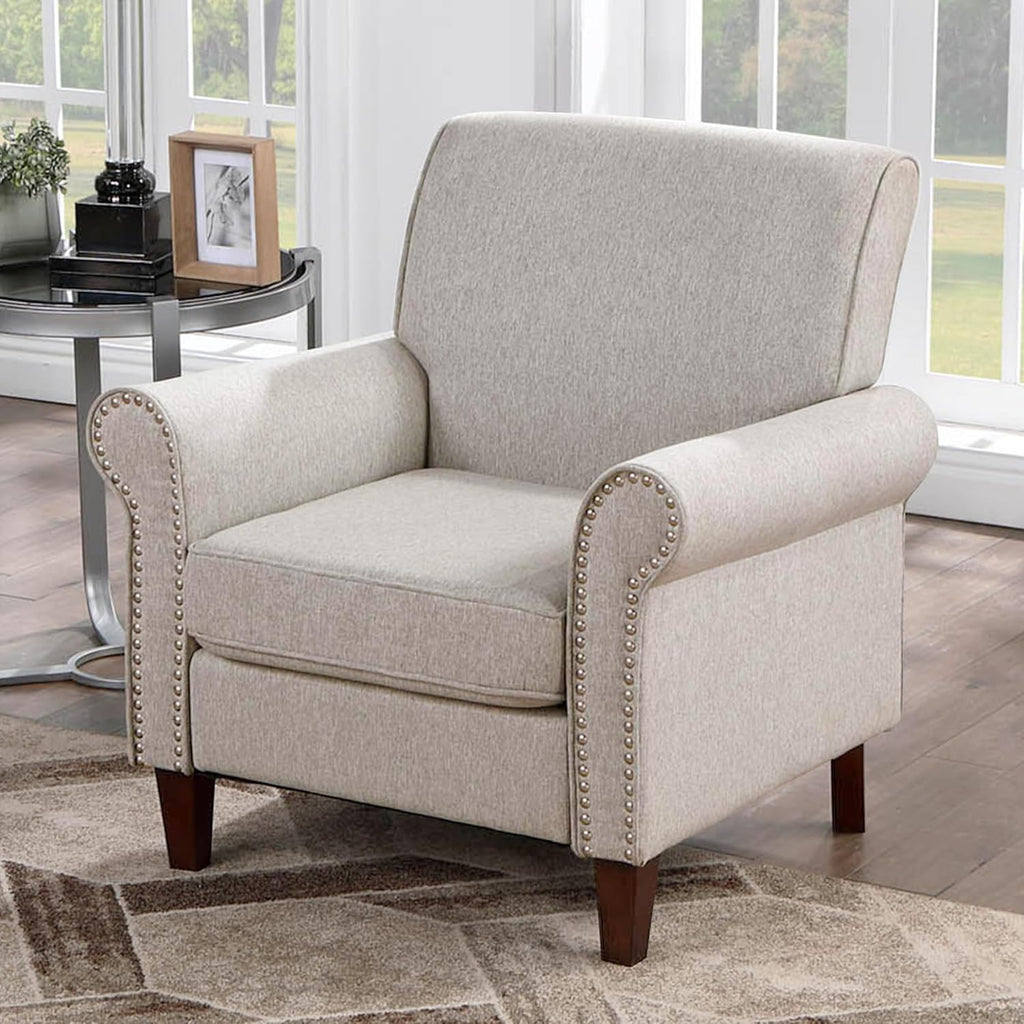 Prilinex Upholstered Living Room Chair - Large Comfy Fabric Accent Chair Single Sofa with Cushion, Rolled Armrest & Nailhead Trim, Mid Century Farmhouse Armchair for Bedroom, Office, Beige - Grand Goldman