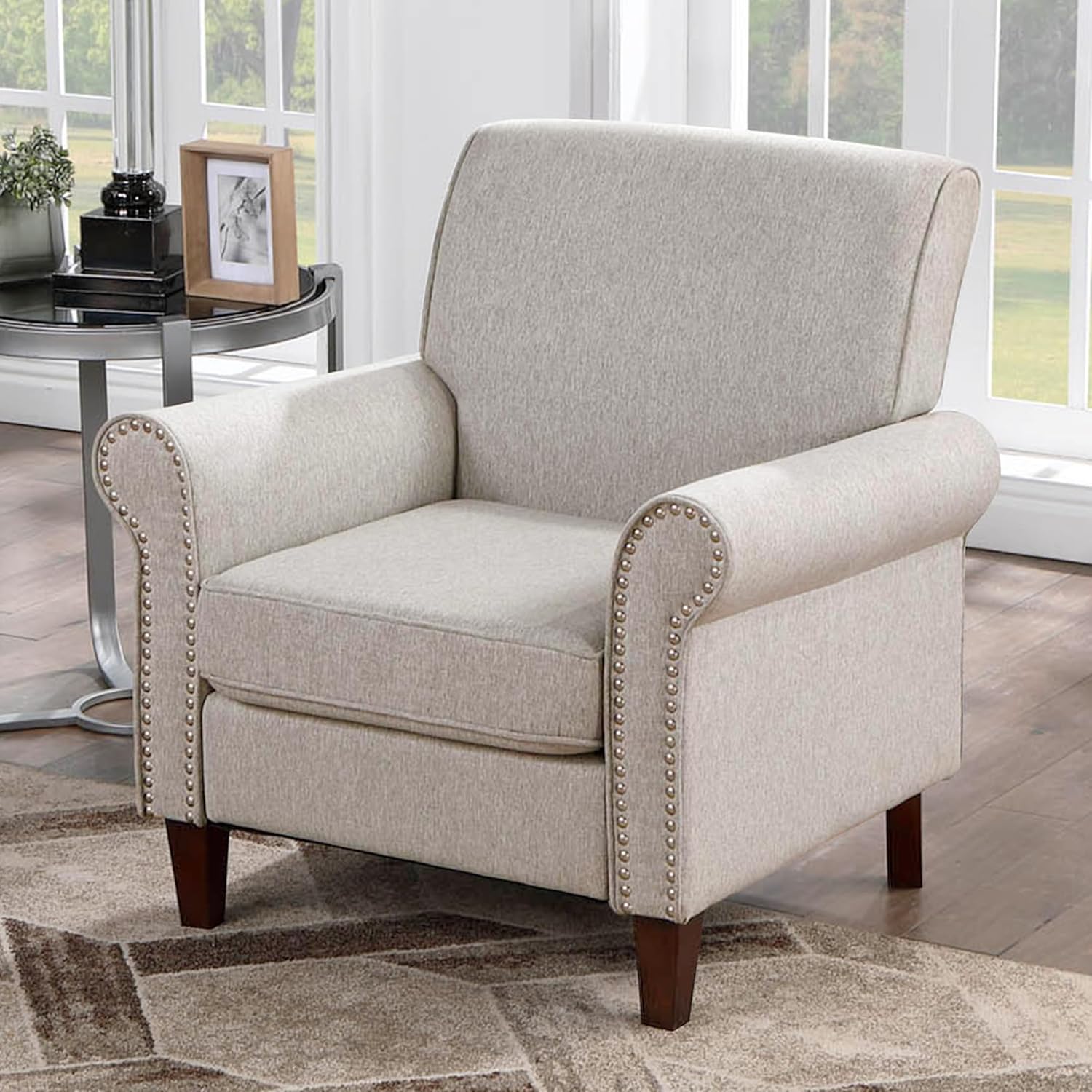 Prilinex Upholstered Living Room Chair - Large Comfy Fabric Accent Chair Single Sofa with Cushion, Rolled Armrest & Nailhead Trim, Mid Century Farmhouse Armchair for Bedroom, Office, Beige - Grand Goldman