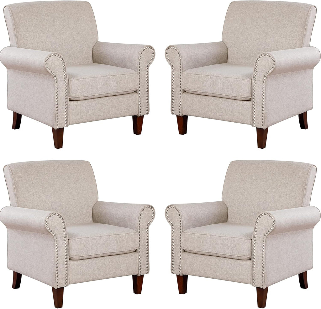 Prilinex Upholstered Living Room Chair - Large Comfy Fabric Accent Chair Single Sofa with Cushion, Rolled Armrest & Nailhead Trim, Mid Century Farmhouse Armchair for Bedroom, Office, Beige - Grand Goldman
