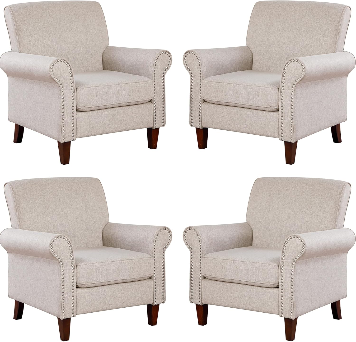 Prilinex Upholstered Living Room Chair - Large Comfy Fabric Accent Chair Single Sofa with Cushion, Rolled Armrest & Nailhead Trim, Mid Century Farmhouse Armchair for Bedroom, Office, Beige - Grand Goldman