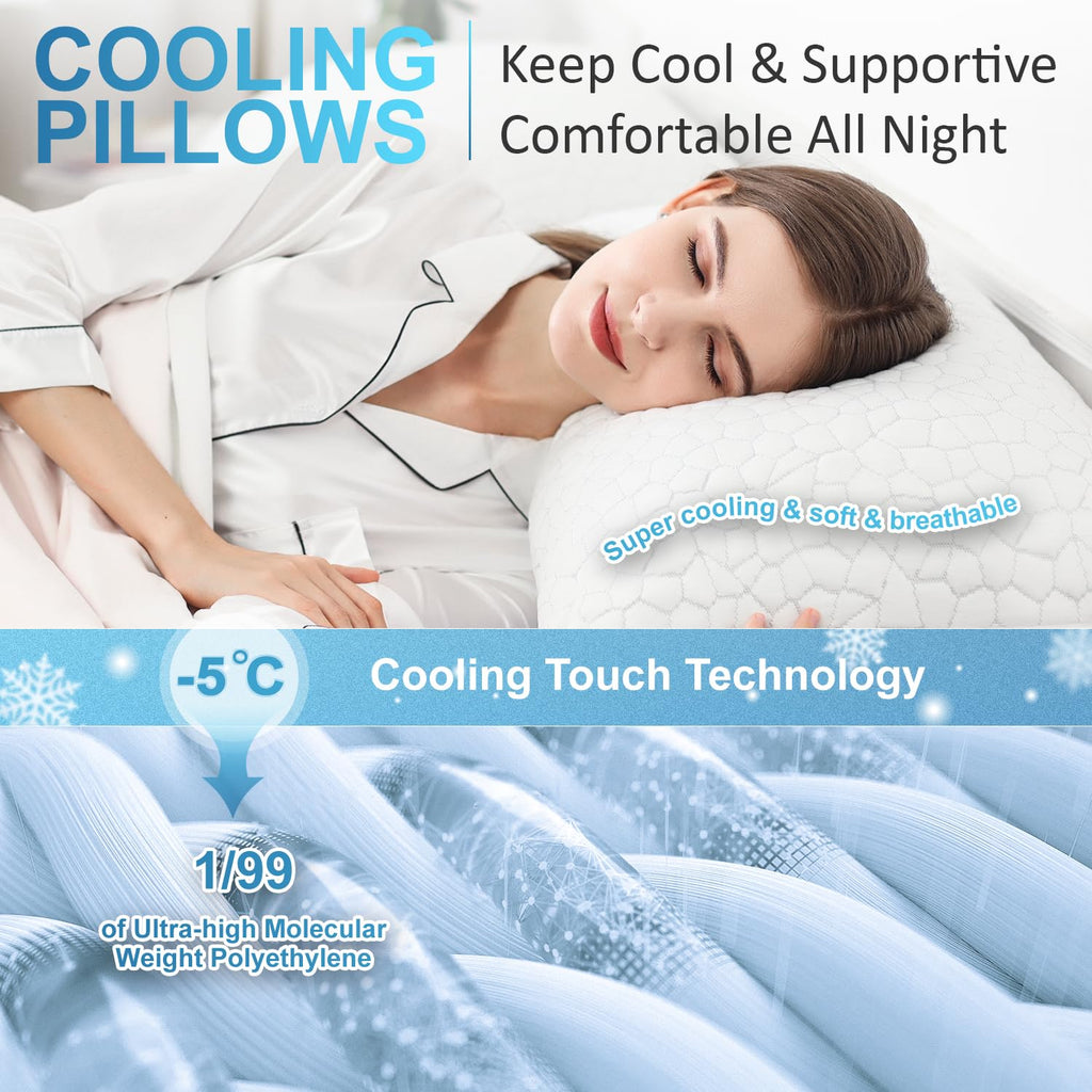 QUTOOL Cooling Pillows for Sleeping 2 Pack, Shredded Memory Foam Bed Pillows Queen Size Set of 2, Gel Pillow for Hot Sleepers Cool Pillow for Side Back and Stomach Sleepers, Cold Pillow, Supportive - Grand Goldman