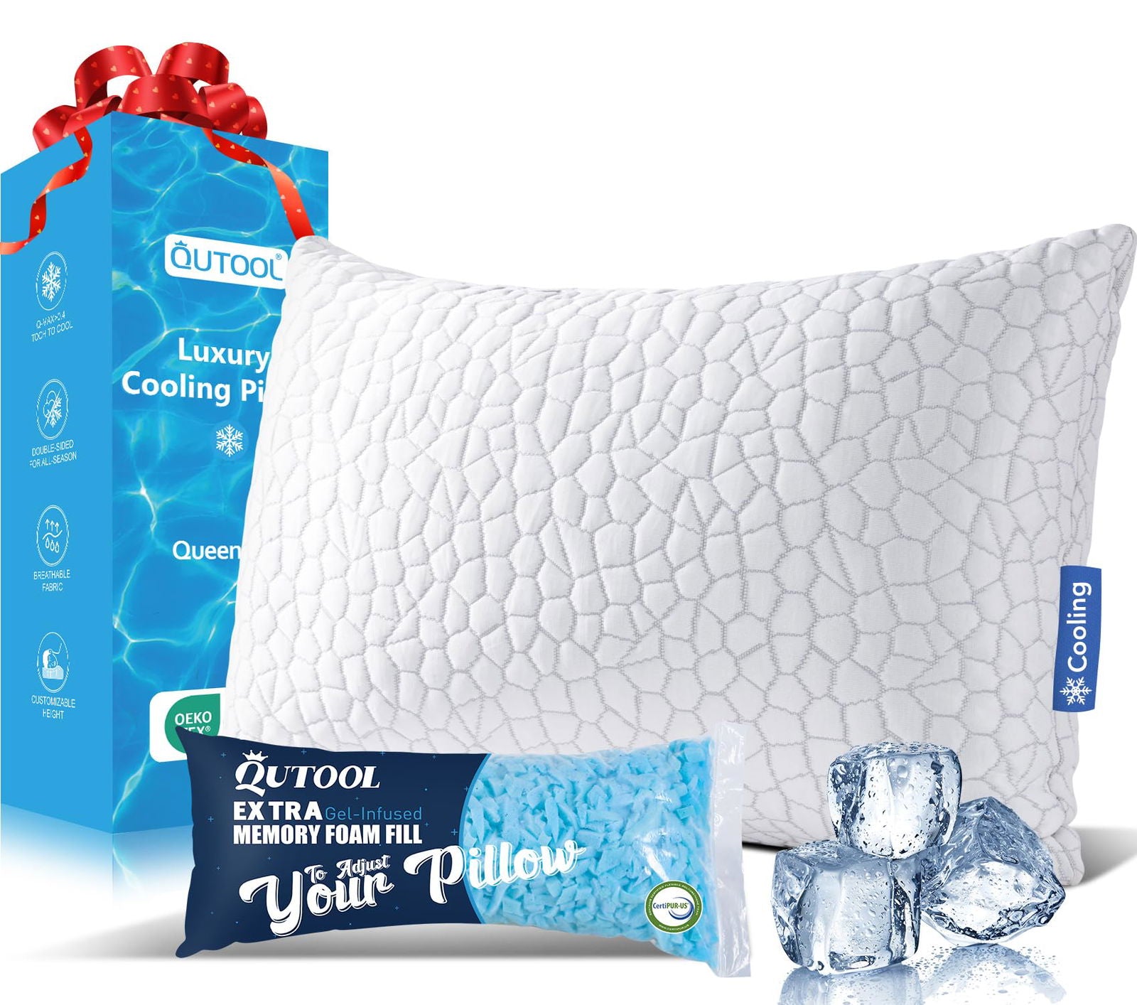 QUTOOL Cooling Pillows for Sleeping 2 Pack, Shredded Memory Foam Bed Pillows Queen Size Set of 2, Gel Pillow for Hot Sleepers Cool Pillow for Side Back and Stomach Sleepers, Cold Pillow, Supportive - Grand Goldman