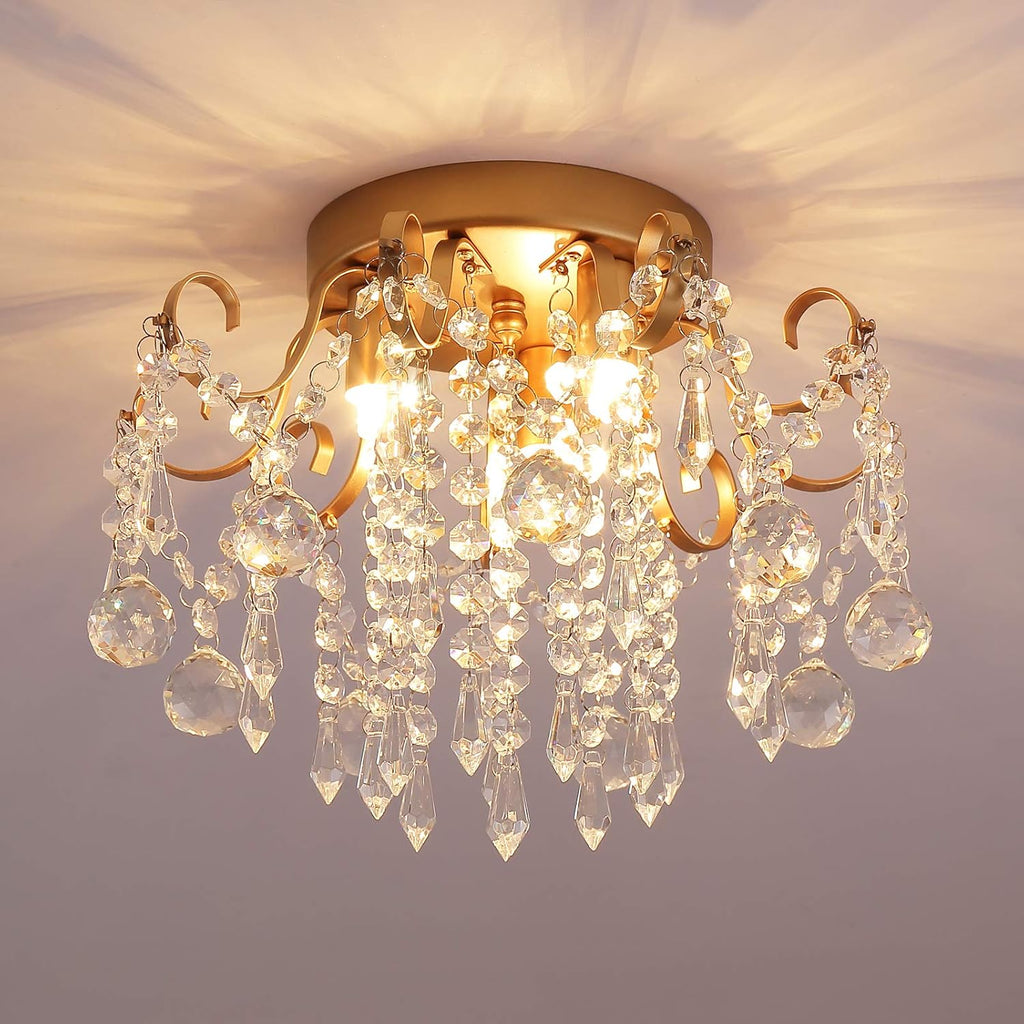 Q&S Mini Chandelier Crystal,Semi Flush Mount Pink Girl Chandelier, Small Crystal Ceiling Light Fixture Bedroom Bathroom Closet Nursery 3 Lights - Grand Goldman