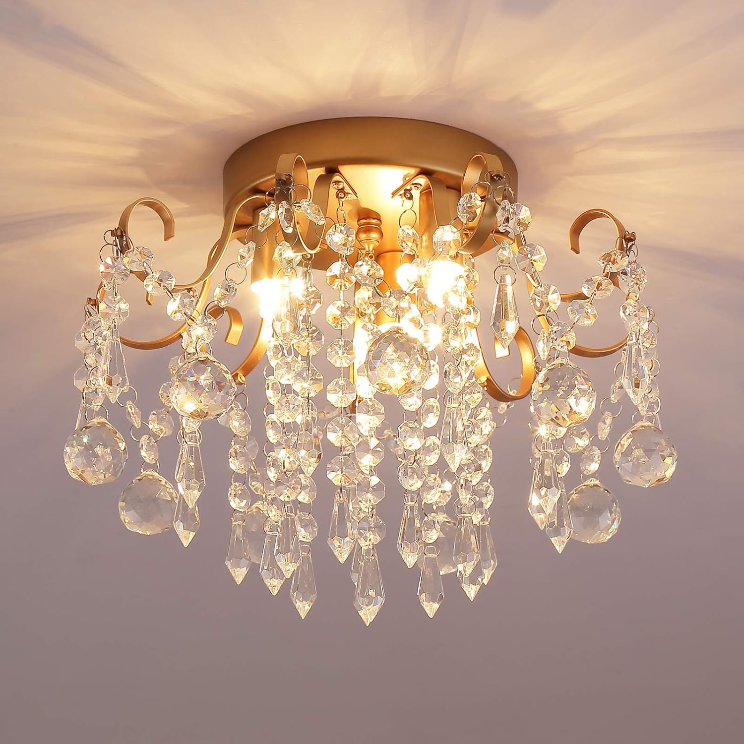 Q&S Mini Chandelier Crystal,Semi Flush Mount Pink Girl Chandelier, Small Crystal Ceiling Light Fixture Bedroom Bathroom Closet Nursery 3 Lights - Grand Goldman