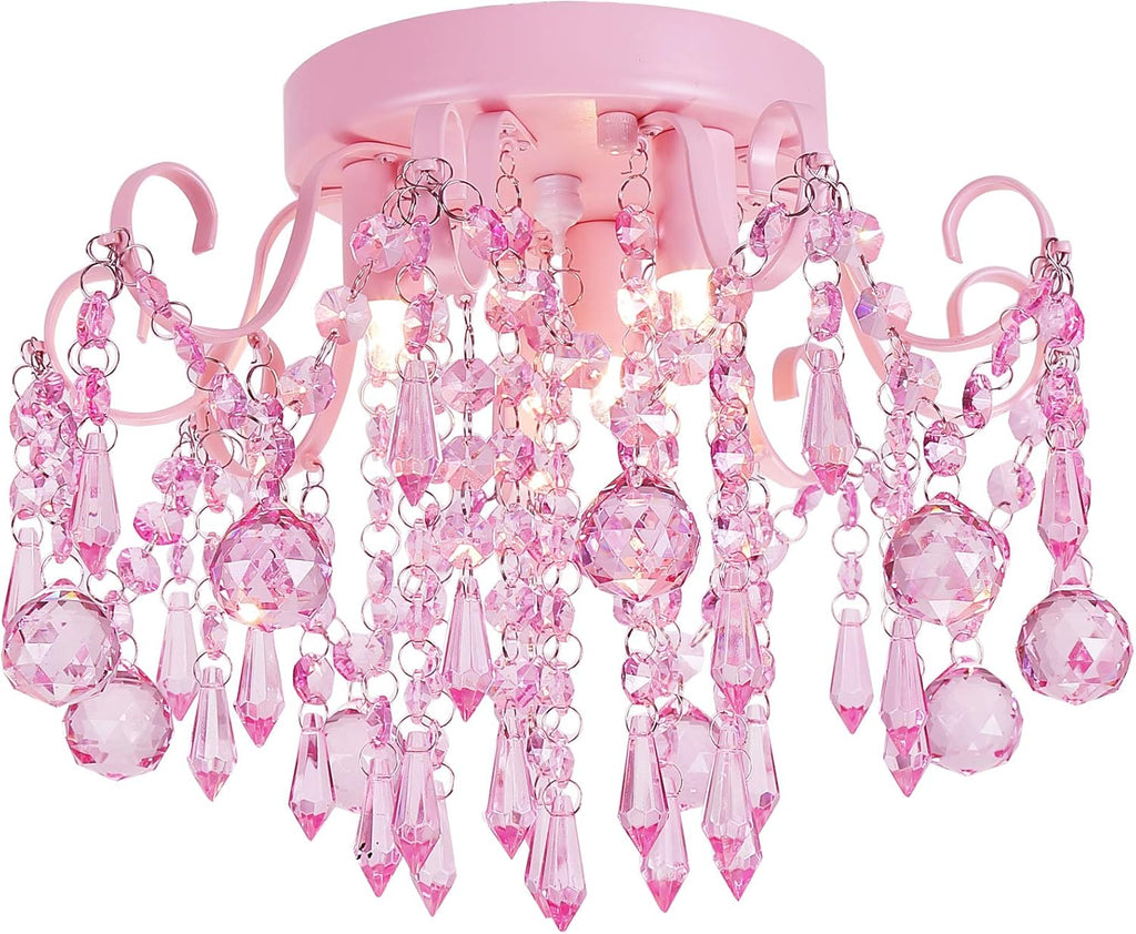 Q&S Mini Chandelier Crystal,Semi Flush Mount Pink Girl Chandelier, Small Crystal Ceiling Light Fixture Bedroom Bathroom Closet Nursery 3 Lights - Grand Goldman