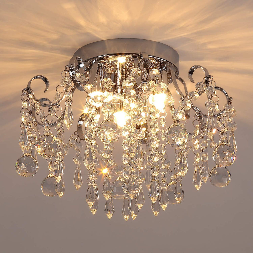 Q&S Mini Chandelier Crystal,Semi Flush Mount Pink Girl Chandelier, Small Crystal Ceiling Light Fixture Bedroom Bathroom Closet Nursery 3 Lights - Grand Goldman