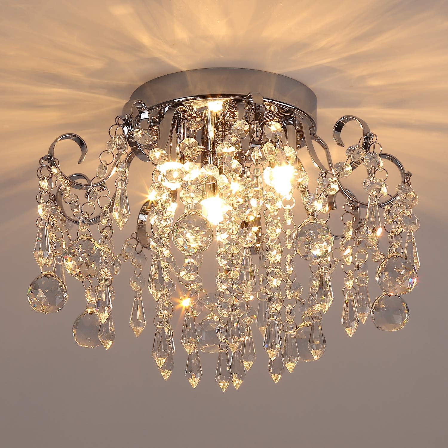Q&S Mini Chandelier Crystal,Semi Flush Mount Pink Girl Chandelier, Small Crystal Ceiling Light Fixture Bedroom Bathroom Closet Nursery 3 Lights - Grand Goldman