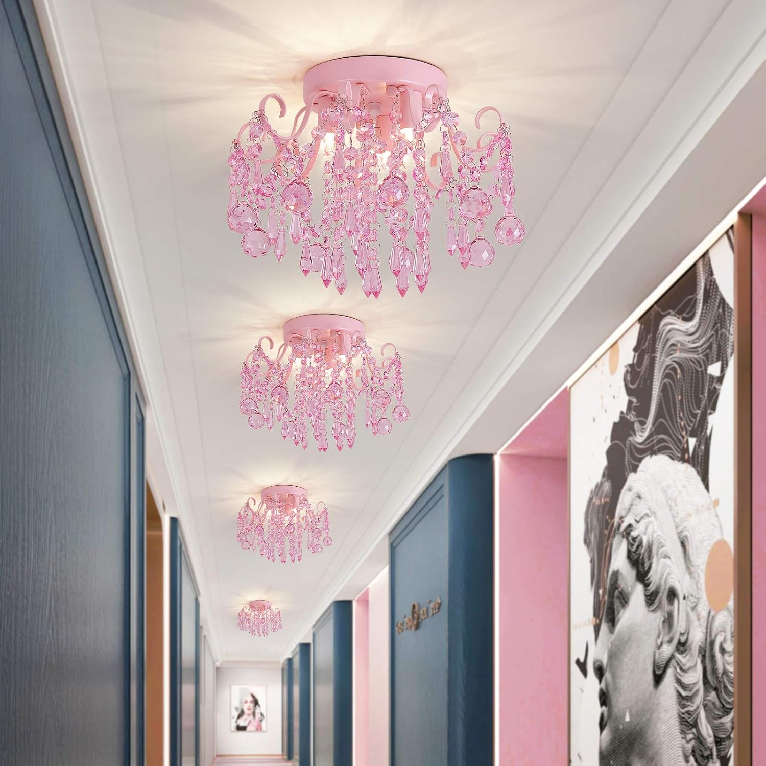Q&S Mini Chandelier Crystal,Semi Flush Mount Pink Girl Chandelier, Small Crystal Ceiling Light Fixture Bedroom Bathroom Closet Nursery 3 Lights - Grand Goldman