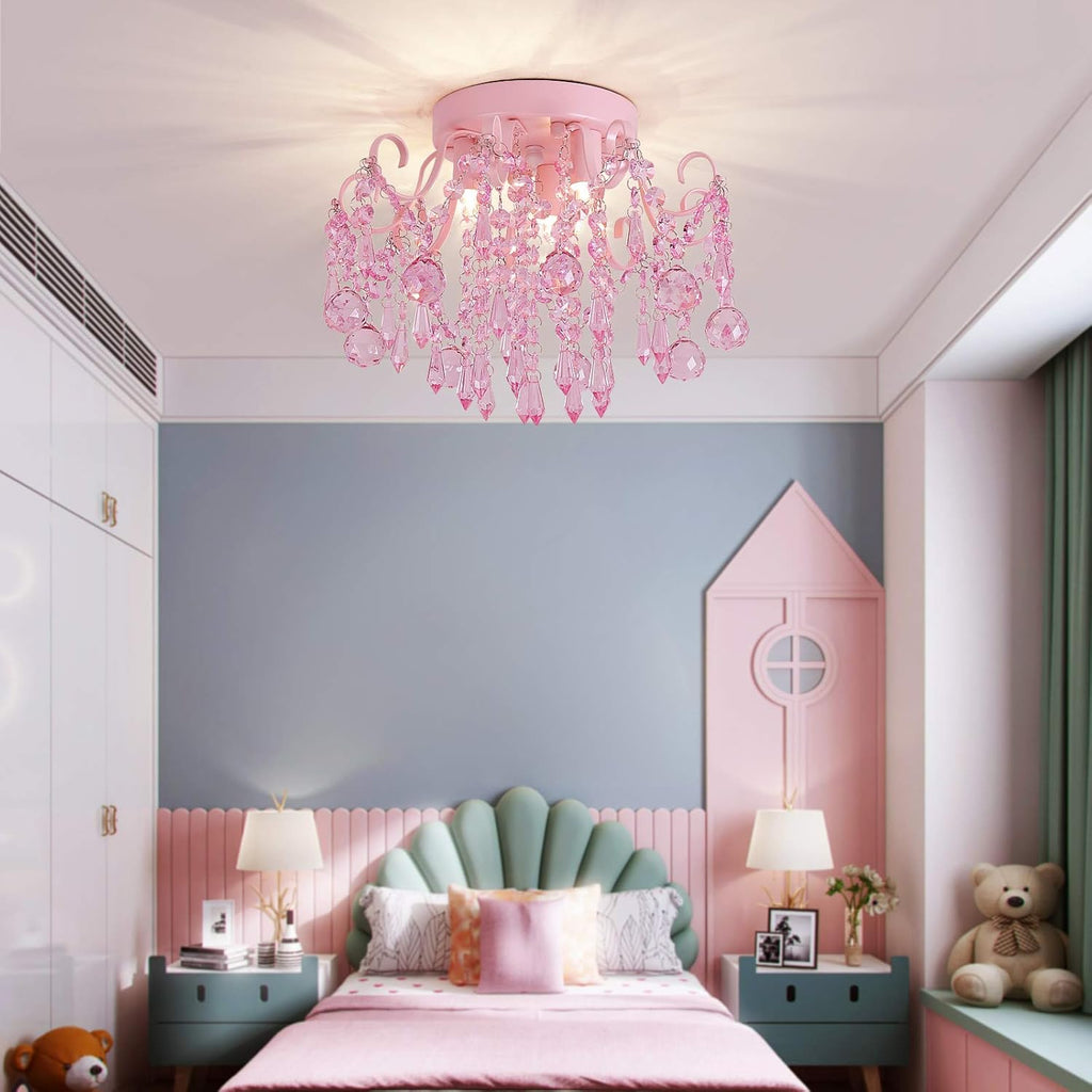 Q&S Mini Chandelier Crystal,Semi Flush Mount Pink Girl Chandelier, Small Crystal Ceiling Light Fixture Bedroom Bathroom Closet Nursery 3 Lights - Grand Goldman