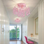 Q&S Mini Chandelier Crystal,Semi Flush Mount Pink Girl Chandelier, Small Crystal Ceiling Light Fixture Bedroom Bathroom Closet Nursery 3 Lights - Grand Goldman