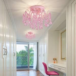 Q&S Mini Chandelier Crystal,Semi Flush Mount Pink Girl Chandelier, Small Crystal Ceiling Light Fixture Bedroom Bathroom Closet Nursery 3 Lights - Grand Goldman