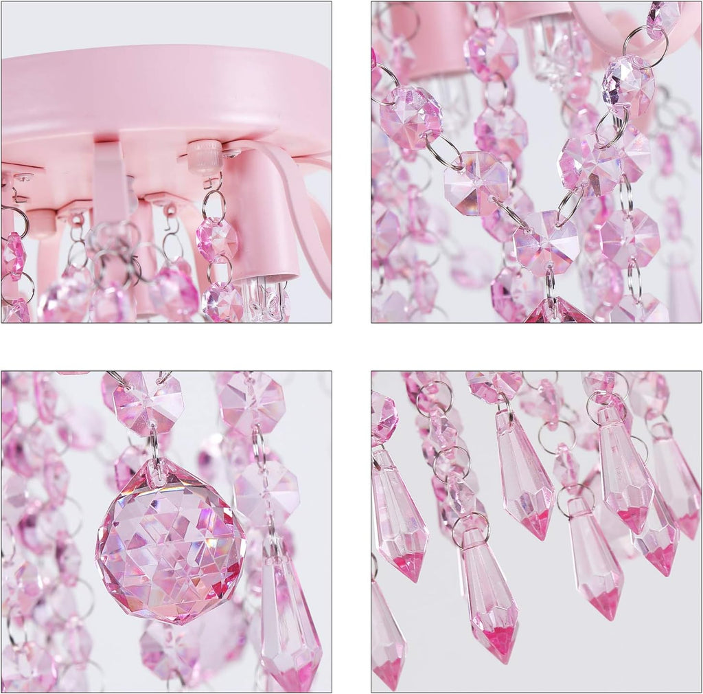 Q&S Mini Chandelier Crystal,Semi Flush Mount Pink Girl Chandelier, Small Crystal Ceiling Light Fixture Bedroom Bathroom Closet Nursery 3 Lights - Grand Goldman