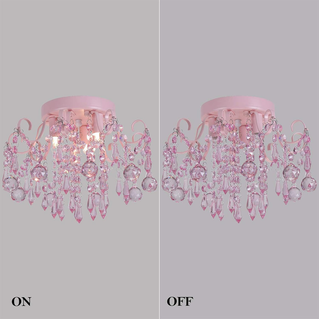 Q&S Mini Chandelier Crystal,Semi Flush Mount Pink Girl Chandelier, Small Crystal Ceiling Light Fixture Bedroom Bathroom Closet Nursery 3 Lights - Grand Goldman