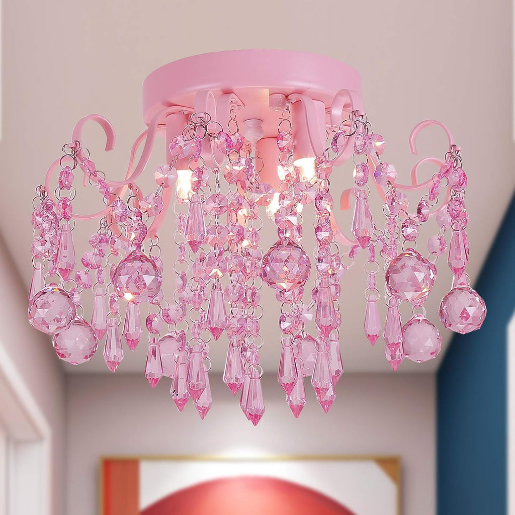Q&S Mini Chandelier Crystal,Semi Flush Mount Pink Girl Chandelier, Small Crystal Ceiling Light Fixture Bedroom Bathroom Closet Nursery 3 Lights - Grand Goldman
