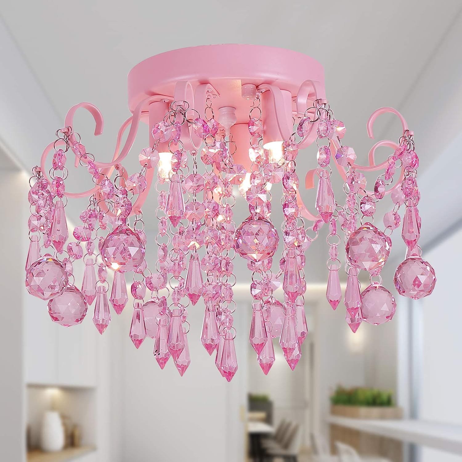 Q&S Mini Chandelier Crystal,Semi Flush Mount Pink Girl Chandelier, Small Crystal Ceiling Light Fixture Bedroom Bathroom Closet Nursery 3 Lights - Grand Goldman