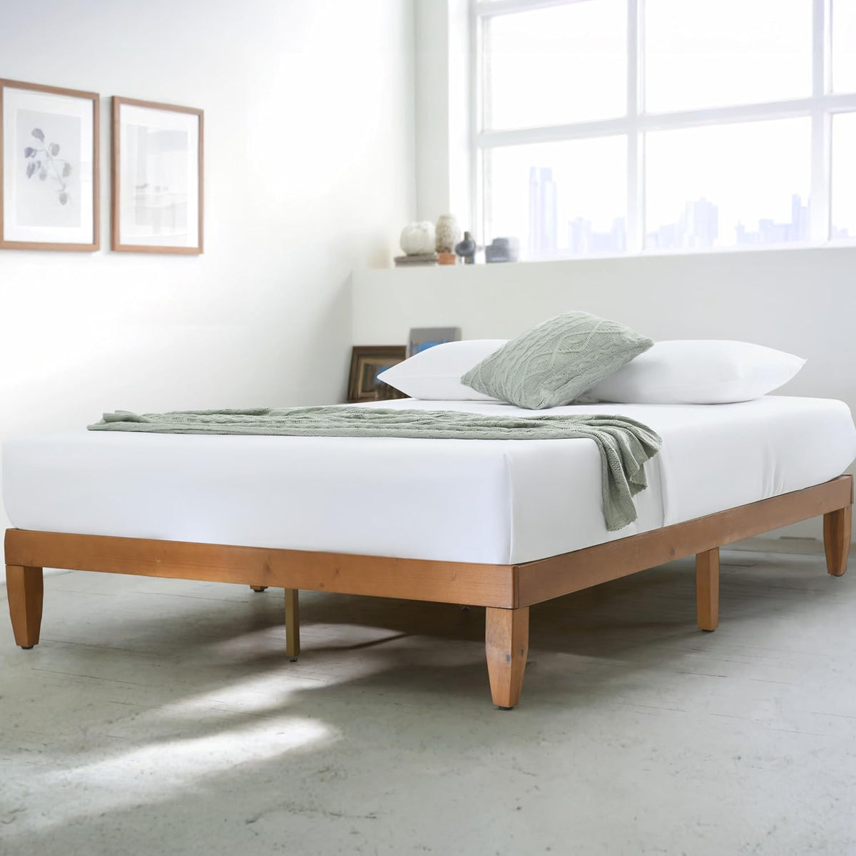 Queen Bed Frame Wood, Queen Platform Bed Frame Wood, wood Bed frame, wooden bed frame queen size, queen size No Box Springs Needed bed frame, queen bedframe, platform bed frame queen size, Pine - Grand Goldman