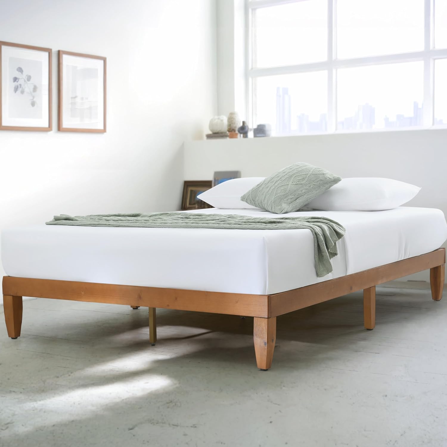 Queen Bed Frame Wood, Queen Platform Bed Frame Wood, wood Bed frame, wooden bed frame queen size, queen size No Box Springs Needed bed frame, queen bedframe, platform bed frame queen size, Pine - Grand Goldman
