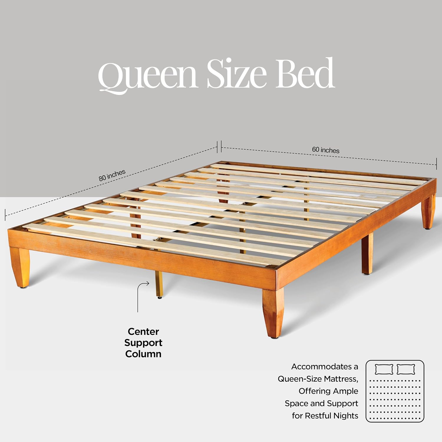 Queen Bed Frame Wood, Queen Platform Bed Frame Wood, wood Bed frame, wooden bed frame queen size, queen size No Box Springs Needed bed frame, queen bedframe, platform bed frame queen size, Pine - Grand Goldman