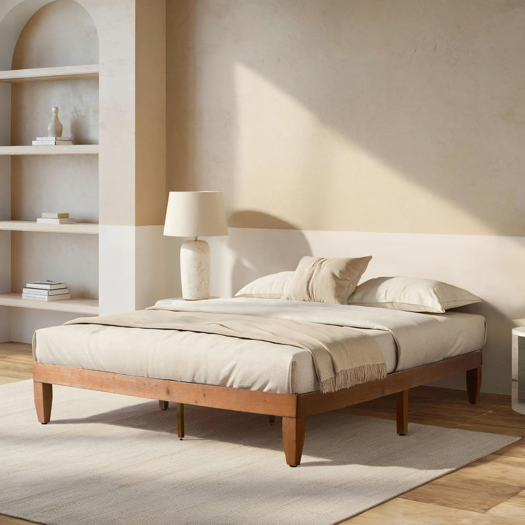 Queen Bed Frame Wood, Queen Platform Bed Frame Wood, wood Bed frame, wooden bed frame queen size, queen size No Box Springs Needed bed frame, queen bedframe, platform bed frame queen size, Pine - Grand Goldman