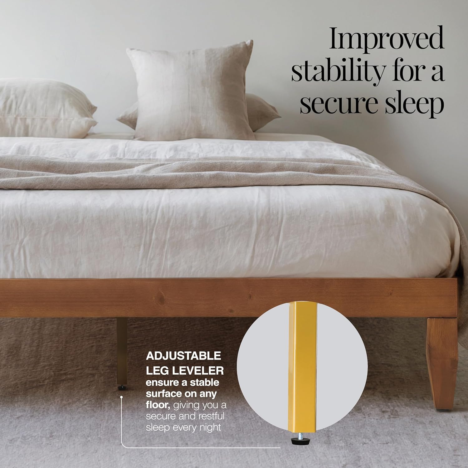 Queen Bed Frame Wood, Queen Platform Bed Frame Wood, wood Bed frame, wooden bed frame queen size, queen size No Box Springs Needed bed frame, queen bedframe, platform bed frame queen size, Pine - Grand Goldman