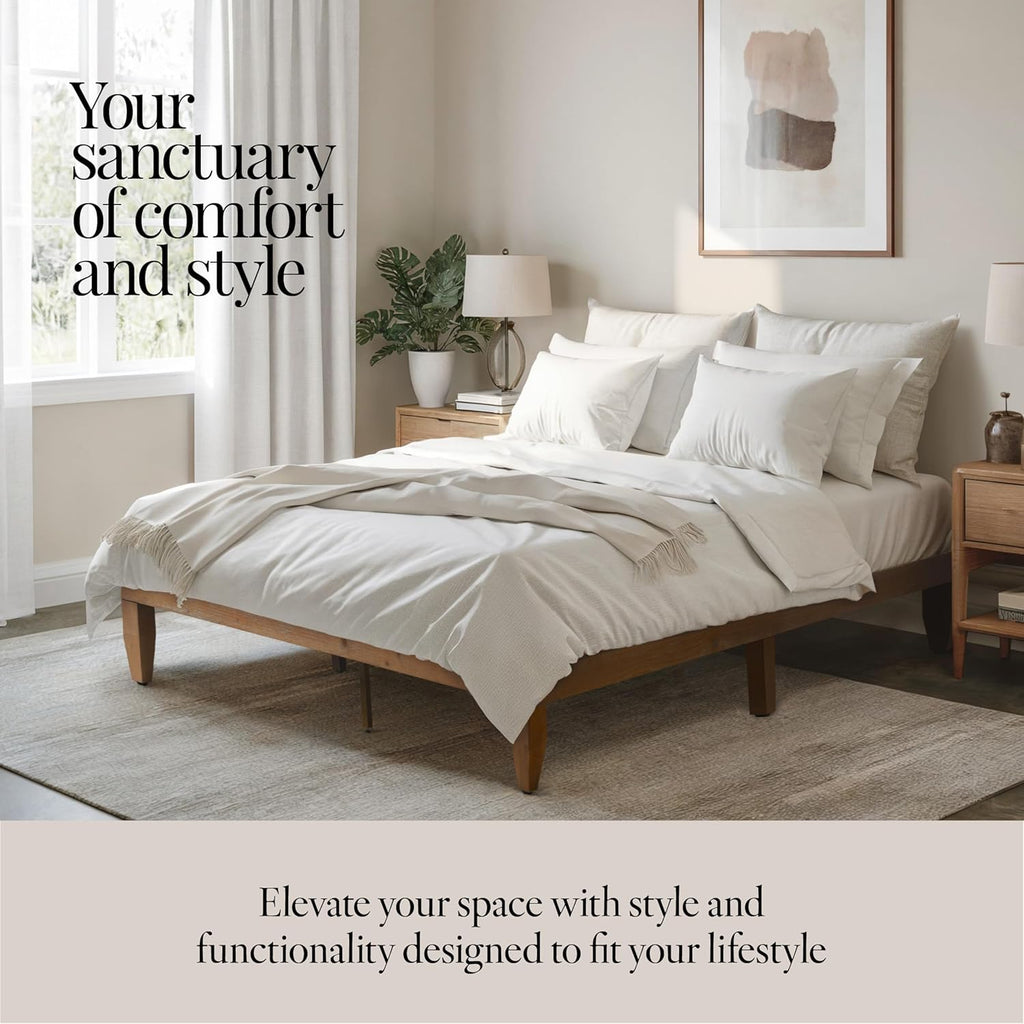 Queen Bed Frame Wood, Queen Platform Bed Frame Wood, wood Bed frame, wooden bed frame queen size, queen size No Box Springs Needed bed frame, queen bedframe, platform bed frame queen size, Pine - Grand Goldman