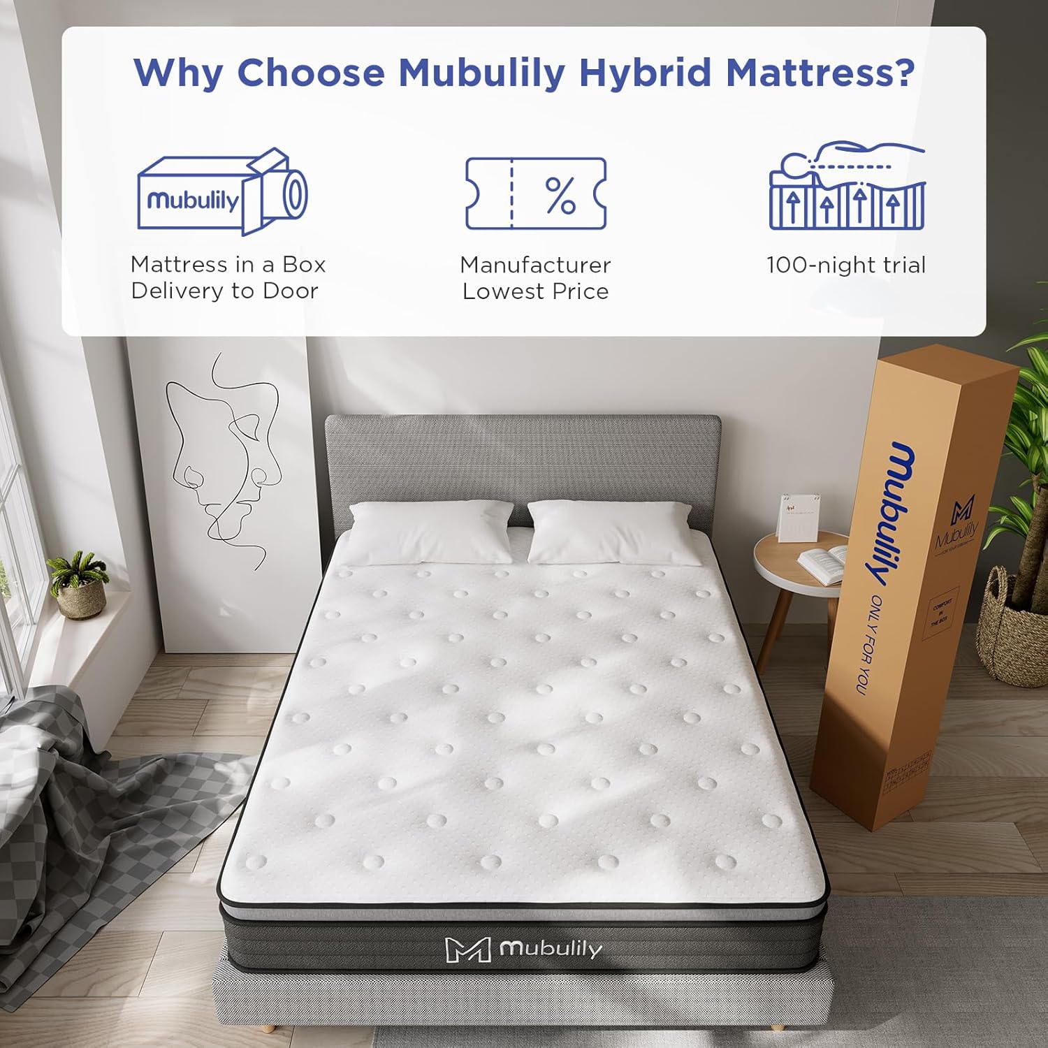 Queen Mattress,10 Inch Hybrid Mattress in a Box with Gel Memory Foam Mattress,Individually Wrapped Pocket Coils Innerspring Mattress,Pressure Relief,Back Pain Relief,CertiPUR-US. - Grand Goldman