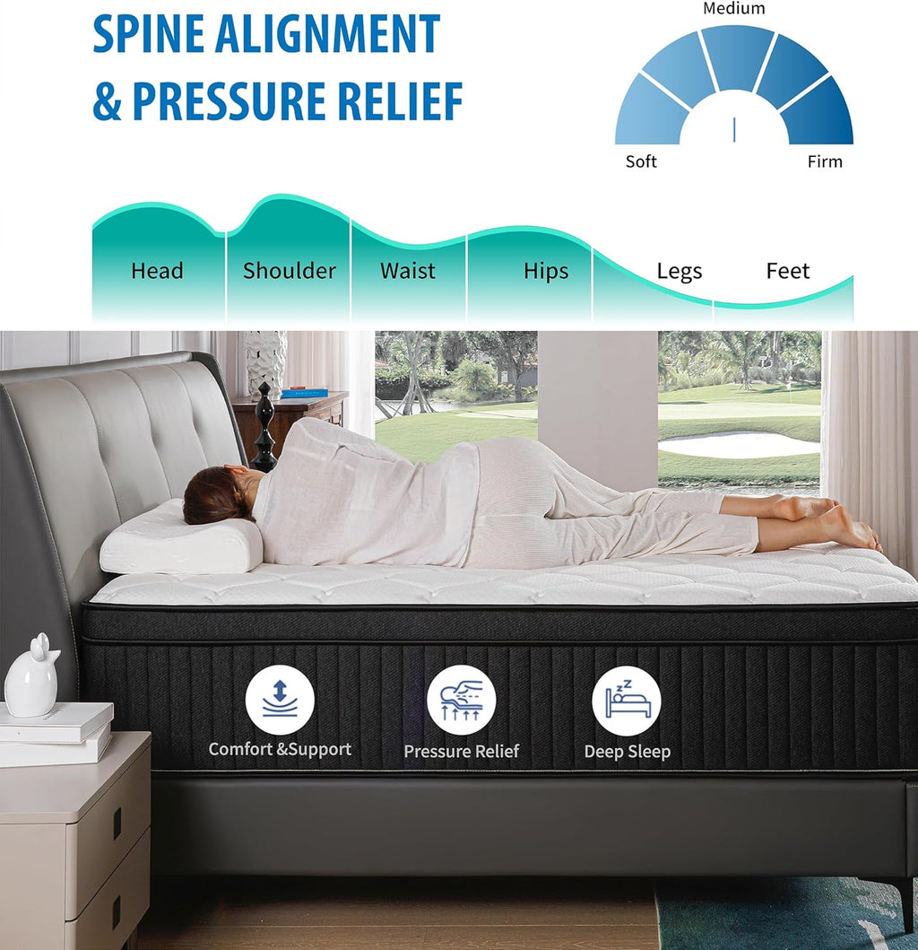 Queen Mattresses,14 Inch Queen Size Mattresses in a Box,Memory Foam Hybrid White & Black Mattress with Provide Support and Improve Sleep Mattresses,Pressure Relief,Medium Firm - Grand Goldman
