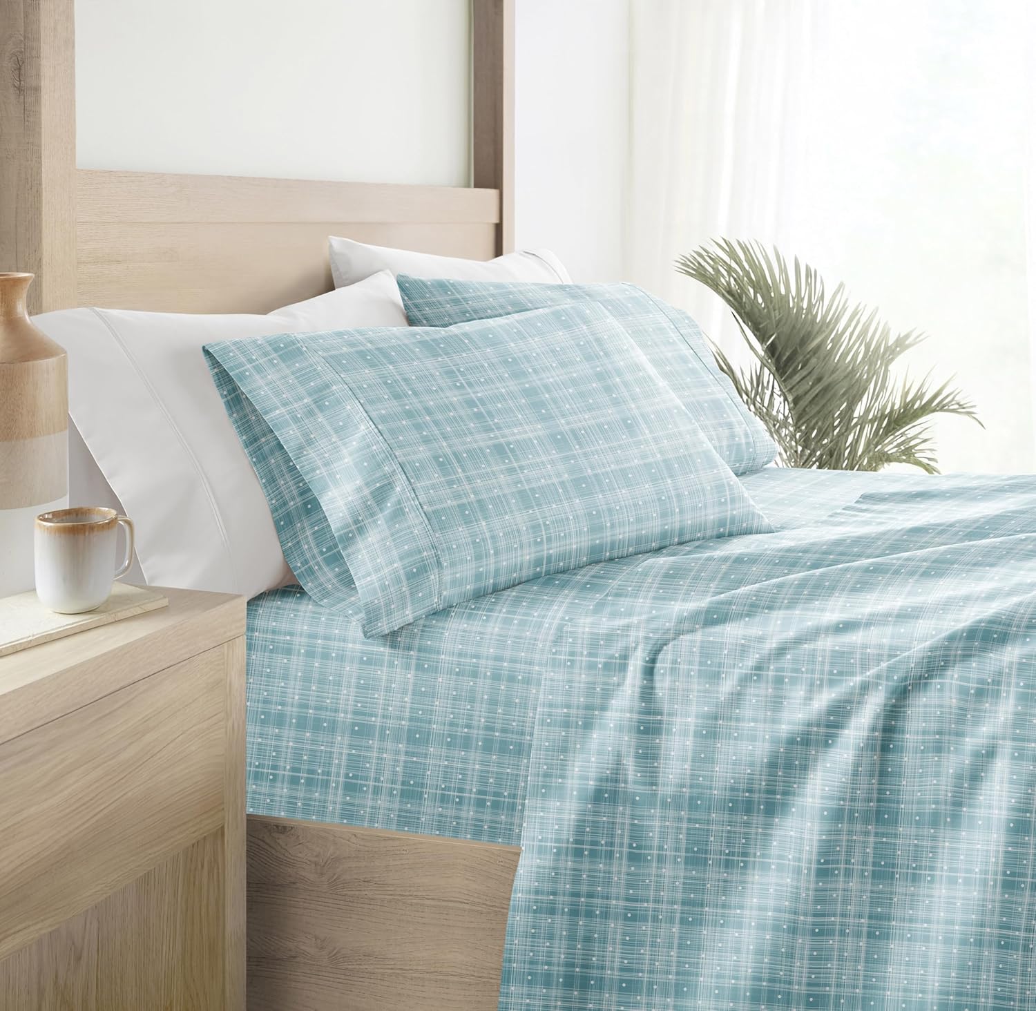 Queen Sheet Set 4 Piece - Ultra Comfortable & Breathable Cooling Queen Bed Sheets - Deep Pocket & Wrinkle-Free Sheets Fits 16" Mattress - Extra Soft & Oeko-TEX Certified - Blossoms Light Blue - Grand Goldman