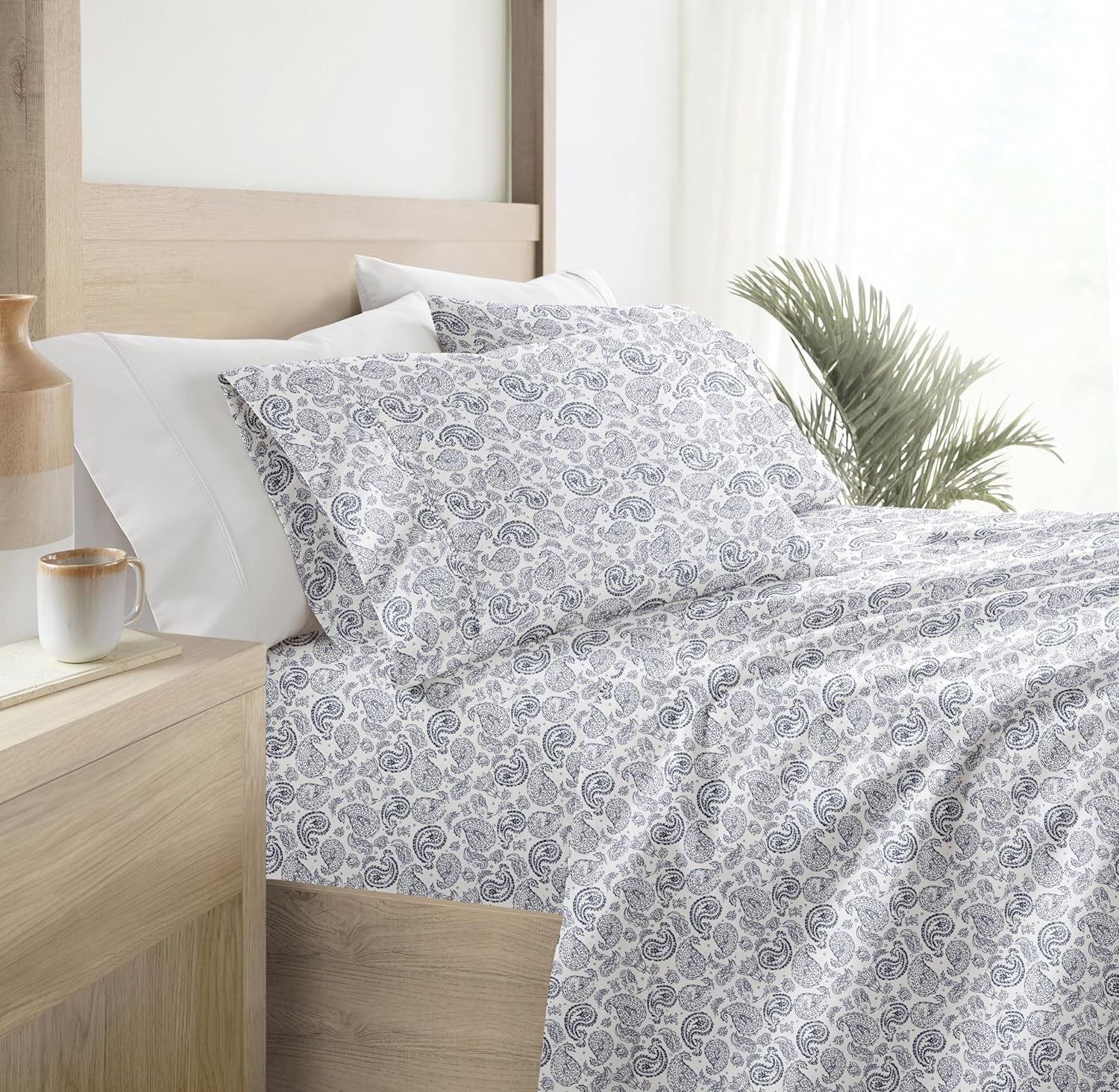 Queen Sheet Set 4 Piece - Ultra Comfortable & Breathable Cooling Queen Bed Sheets - Deep Pocket & Wrinkle-Free Sheets Fits 16" Mattress - Extra Soft & Oeko-TEX Certified - Blossoms Light Blue - Grand Goldman